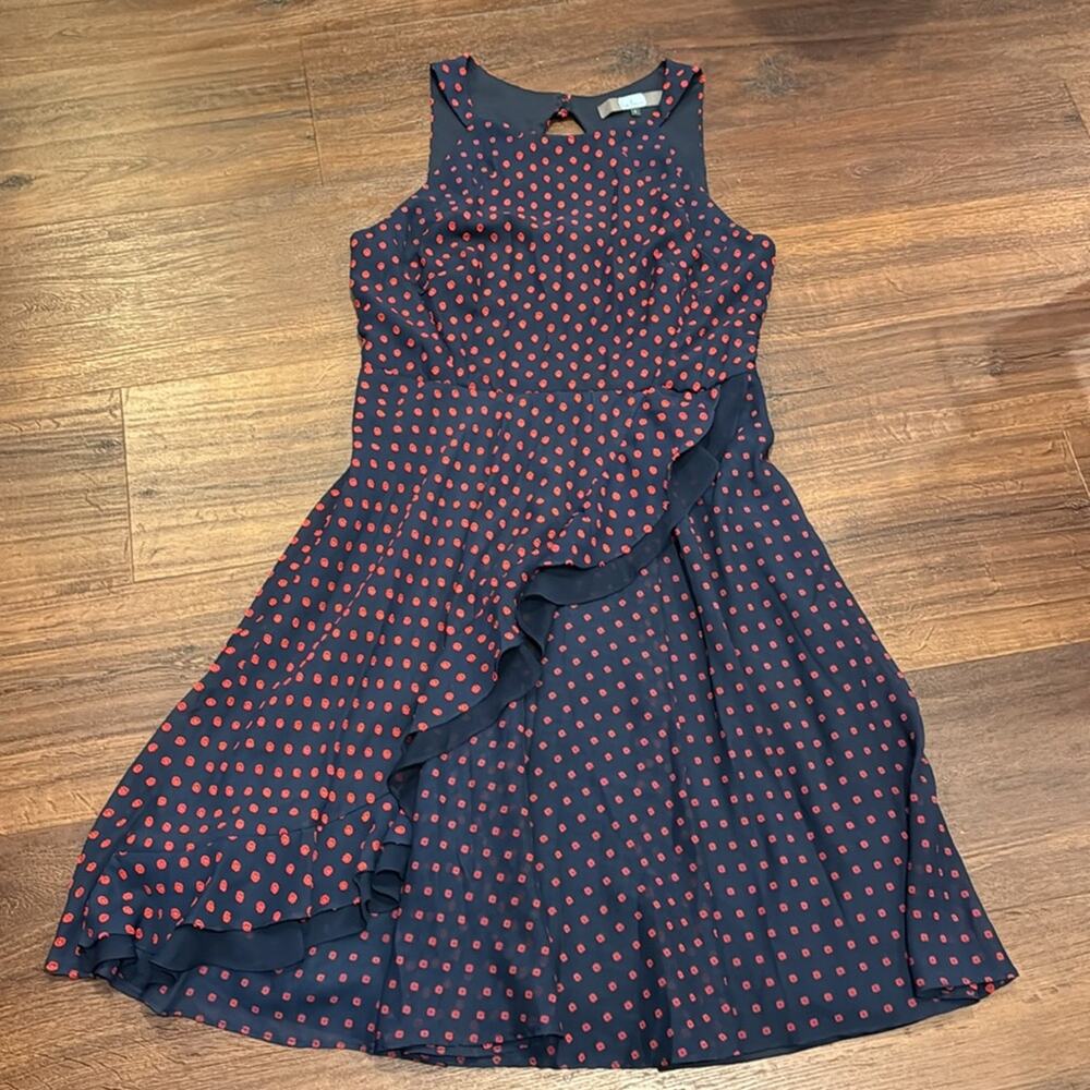 Eva Franco Women's Mary Ann lined Ruffle Dress in Navy/Red Polka Dots. - Picture 8 of 8
